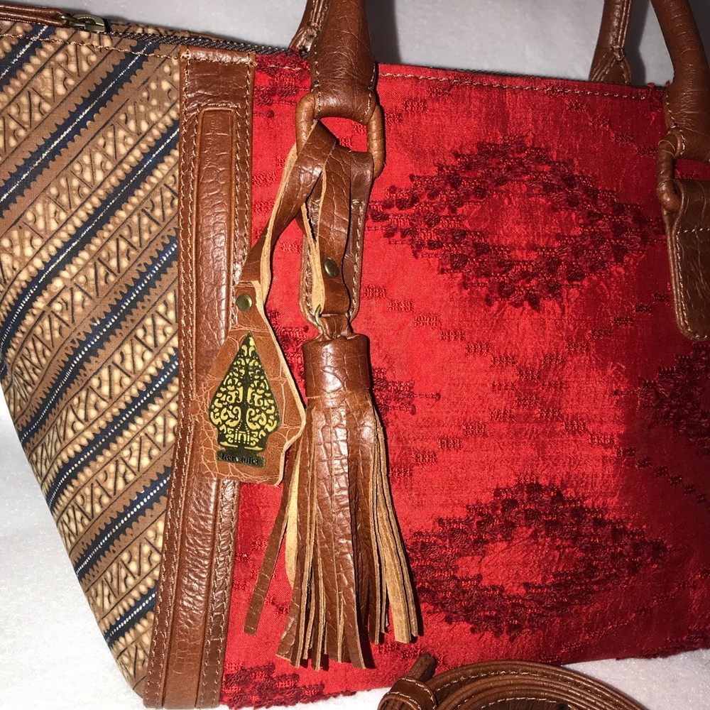 Brand new brown leather ethnic Batik Tote Bag - Picture 2 of 5